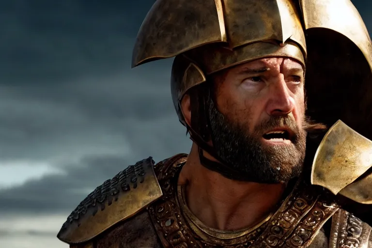 Image similar to cinematic action shot of joe biden as leonidas in 3 0 0 movie, 8 k, epic moody sky, dramatic lighting