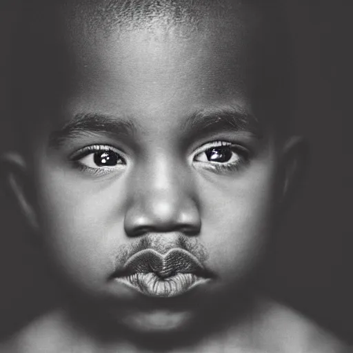 Image similar to the face of kanye west at 5 years old, portrait by julia cameron, chiaroscuro lighting, shallow depth of field, 8 0 mm, f 1. 8