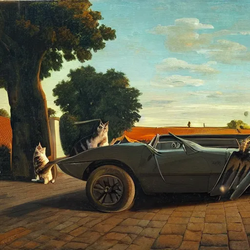 Image similar to corvette with cats sitting in and on the car, old dutch painting, golden hour, shadows, wide shot