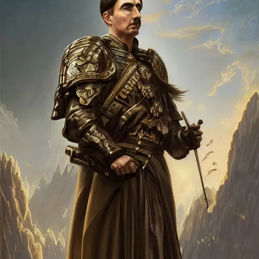 Image similar to portrait of stoic looking john oliver as the vigo carpathian painting, military uniform, fantasy, intricate, elegant, highly detailed, centered, dark, smokey, digital painting, artstation, concept art, smooth, sharp focus, illustration, art by artgerm and greg rutkowski and alphonse mucha