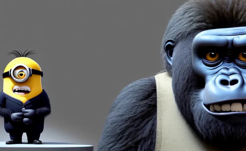 Prompt: gorilla as gru ( despicable me ) on glue bottle, hyperrealistic, concept art, octane render, unreal engine 5, trending on artstation, high quality, highly detailed, 8 k hdr, product photo, centered, minions background, soft lighting, path traced, low contrast, high coherence, symmetrical