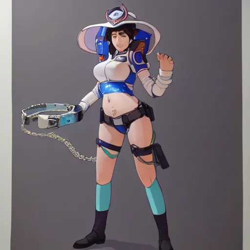 Image similar to D.VA from Overwatch wearing a police uniform by Kim Jung Gi, holding handcuffs in one hand Blizzard Concept Art Studio Ghibli. oil paint. 4k. by brom.