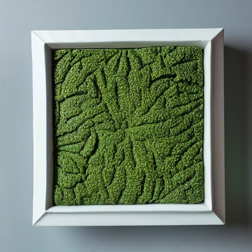 Image similar to a ceramic sculpture of some kind of plant in a square frame on a white surface with a white wall behind it and a green plant in the center