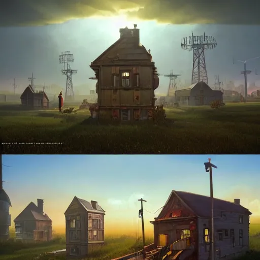 Prompt: some Steampunk buildings with the sun shining through the clouds in utopia by Simon Stålenhag and Greg Rutkowski,In style of Grant Wood.hyper detailed,8K Resolution,unreal engine 5,epic lighting,Ray Tracing,highly realistic