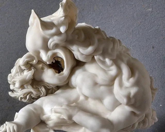 Prompt: cat coughing up a hairball detailed beautiful marble sculpture Bernini