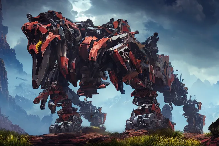 Image similar to rockbreaker machine mecha animal beast robot of horizon forbidden west horizon zero dawn bioluminiscence global illumination ray tracing hdr fanart arstation by sung choi and eric pfeiffer and gabriel garza and casper konefal