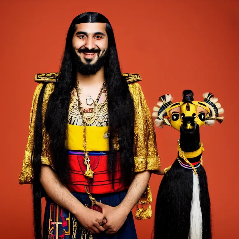 Prompt: A photo of Emperor Kuzco!!!!!!!!!!!!!!!! in his early 20s, with his long black hair, facial hair shaved, smiling with confidence, and wearing!!! his emperor clothes. Portrait by Terry Richardson. Golden hour. 8K. UHD. Bokeh.