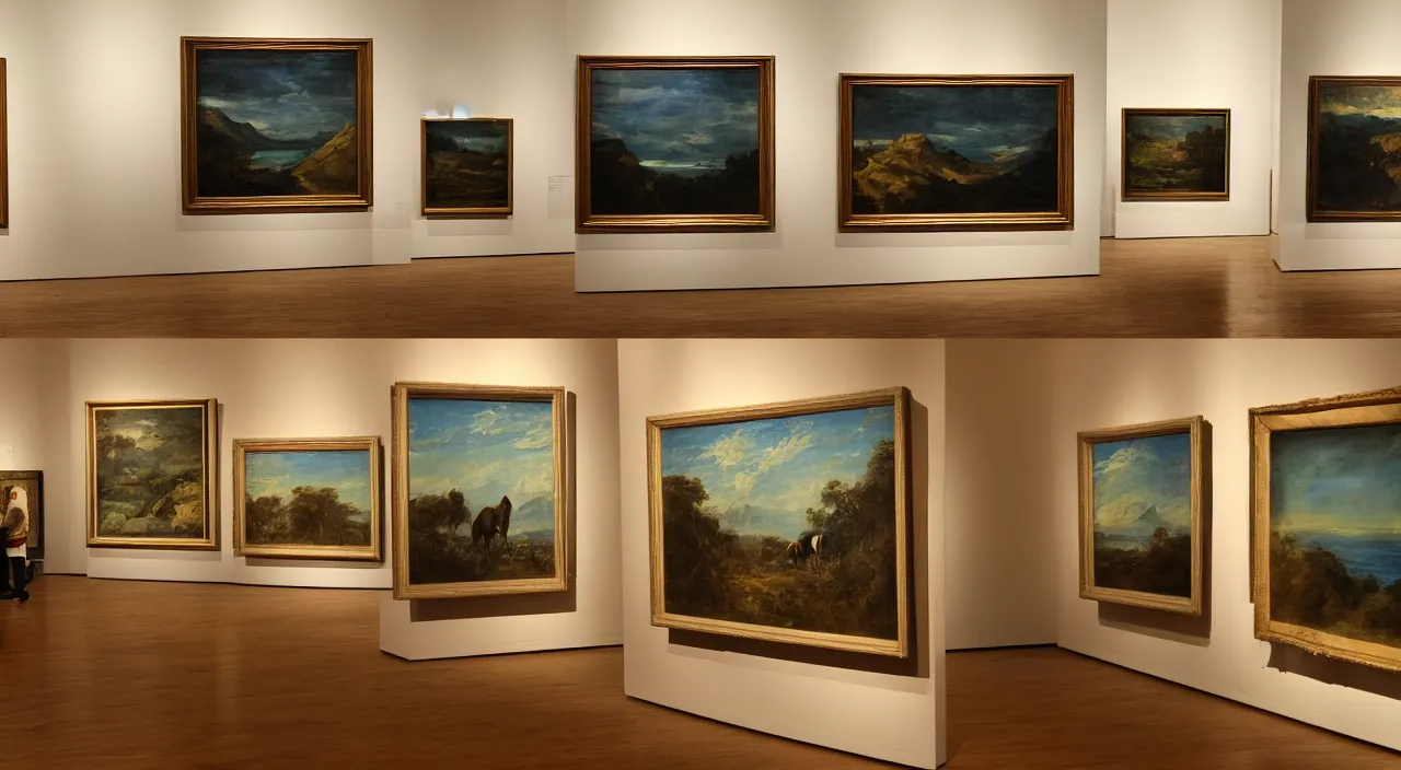 Image similar to in the art gallery, three landscape paintings are displayed side by side, and the middle one is a painting of a horse's head sticking out of the frame.