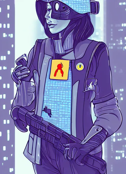 Image similar to A beautiful portrait commission of a female furry anthro blue jay bird wearing a security guard uniform with a bullet proof vest. Cyberpunk city