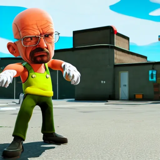 Image similar to walter white as a splatoon inkling, wide shot, in game screenshot, unreal engine, high definition