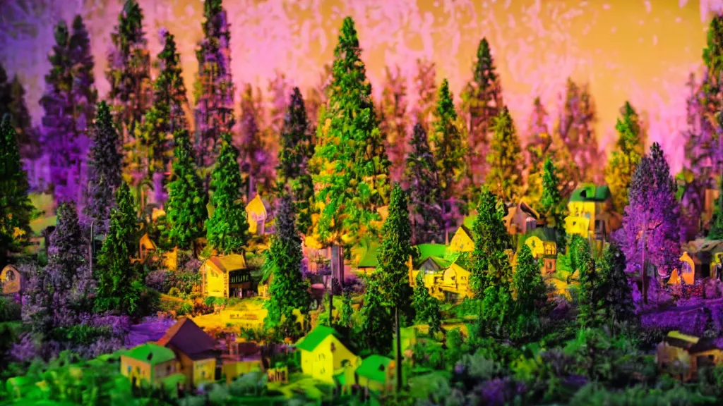 Prompt: portrait of an ethereal vaporwave wooden village made of golden lavender and green light, evergreen forest, divine, cyberspace, mysterious, high-contrast, 4k, award-winning photograph