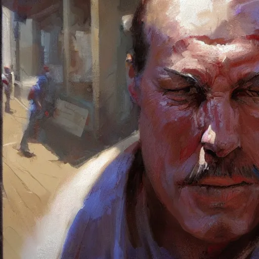 Prompt: low angle of the butcher's face, closeup of a butcher working, artwork by craig mullins