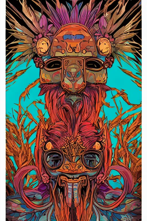 Image similar to animal mask totem roots flower tribal feather gemstone plant wood rock shaman vodoo video game vector cutout illustration vivid multicolor borderlands comics by josan gonzales and dan mumford radiating a glowing aura