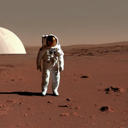 Image similar to an astronaut on Mars, bio domes in the background