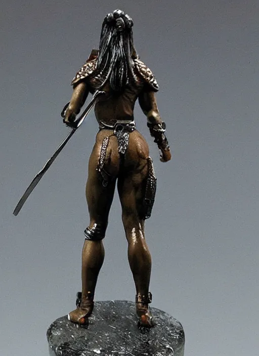 Prompt: Fine Image on the store website, eBay, Full body, 80mm resin detailed miniature of a Muscular female warrior, view from behind