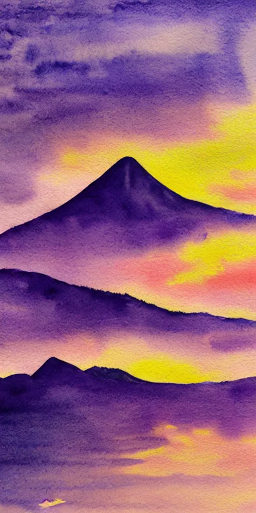 Image similar to a realist watercolor painting of the sun setting over a vulcano across the sea, beautiful purple clouds in the sky, in the style of joseph zbukvic