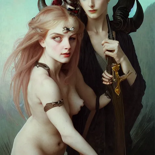 Image similar to Portrait of beautiful pale demonic girl with devil\'s horns and nimbus, cinematic lighting, intricate, elegant, highly detailed, digital painting, artstation, smooth, sharp focus, illustration, art by artgerm and greg rutkowski and alphonse mucha and Wayne Barlowe and william-adolphe bouguereau