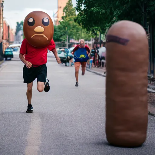 Image similar to An elderly man running from a giant humanoid sausage, Canon EOS R3, f/1.4, ISO 200, 1/160s, 8K, RAW, unedited, symmetrical balance, in-frame