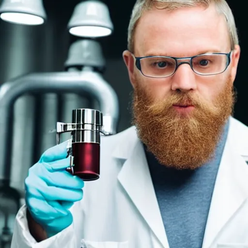 Image similar to white male with a short beard wearing a lab coat and drinking from a flask in a laboratory