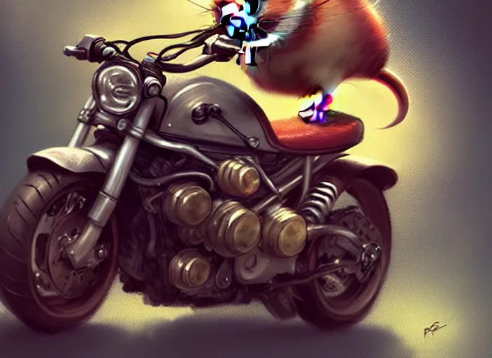 Image similar to a cute hamster riding a motorcycle, intricate, highly detailed, digital painting, artstation, concept art, sharp focus, illustration, art by greg rutkowski and Ross Tran