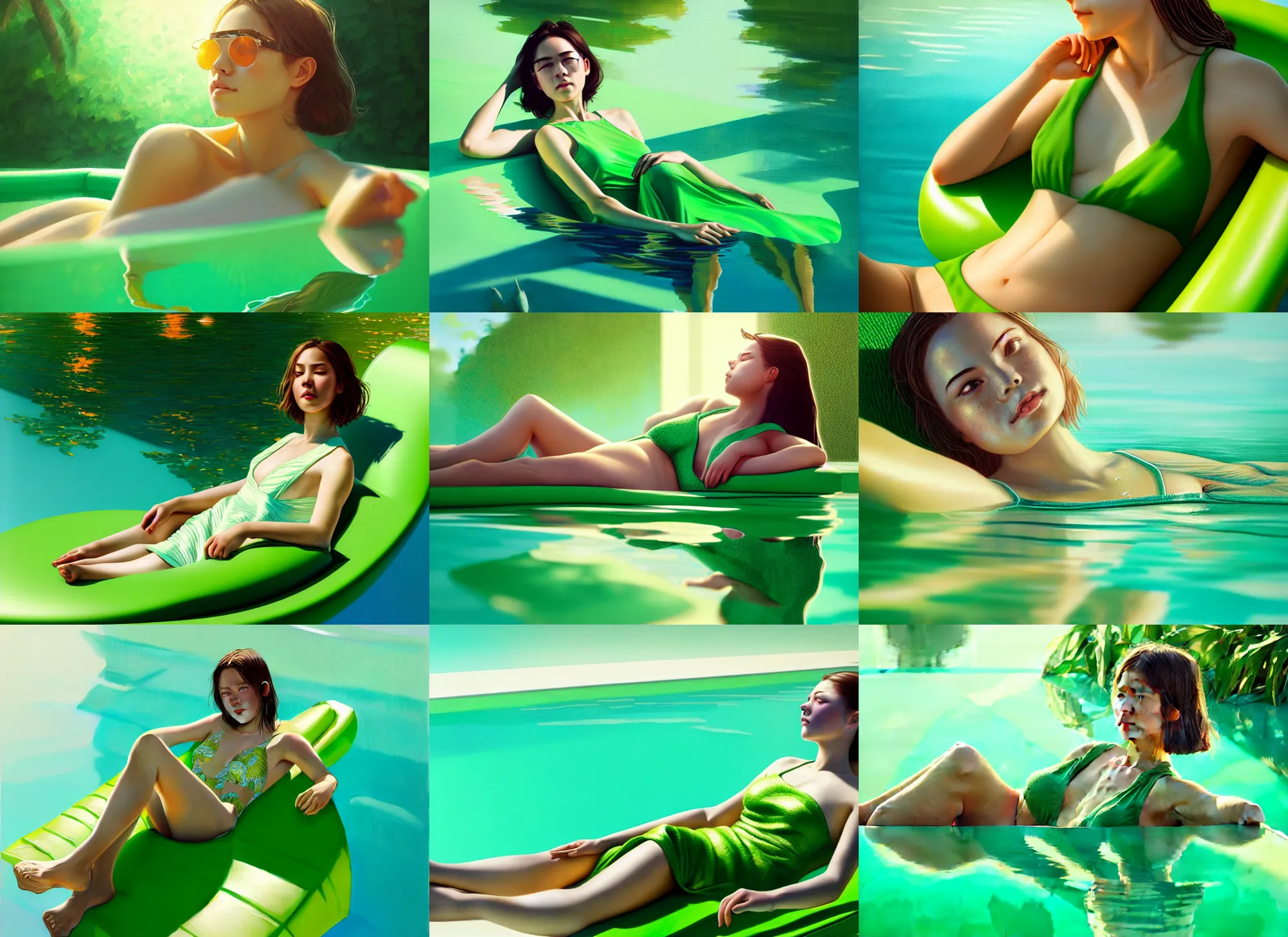 Prompt: closeup portrait of a girl relaxing in a low - cut green dress on a floating pool chair, sunny, bright, reflections, intricate, sharp focus, lens flare, bloom, illustration, highly detailed, digital painting, concept art, matte, art by ruan jia and wlop and greg rutkowski, masterpiece