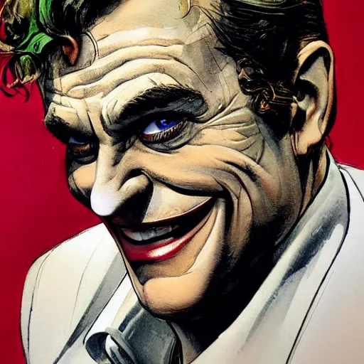 Image similar to photorealistic picture, comic panel by bob peak and alex ross, about arthur fleck joker story, gouache and wash paints, fine details, fine intricate, fine facial proportionate, fine body proportionate, fine fix broken line, fine fix duplicate line, fine background proportionate, smooth focus, sharp details, bokeh, 4 k, fine 5 k details