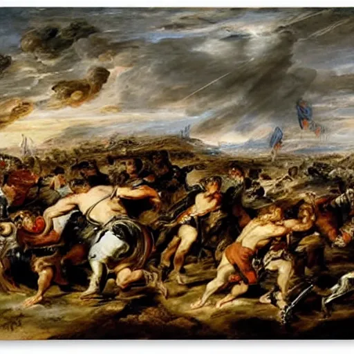 Prompt: A painting of a battlefield, with soldiers fighting and dying, by Peter Paul Rubens