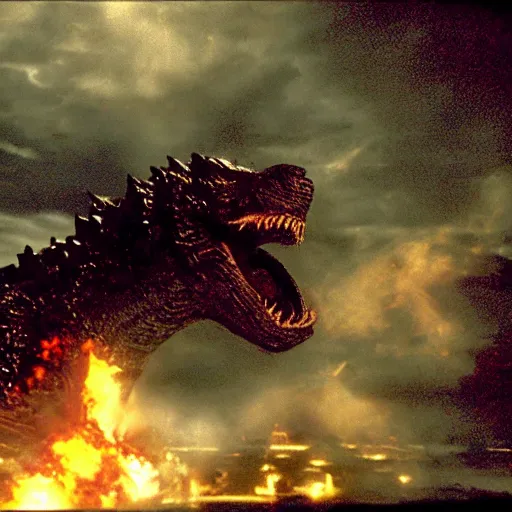 Image similar to godzilla exhaling a large hit from his bong, movie still, cinematic lighting