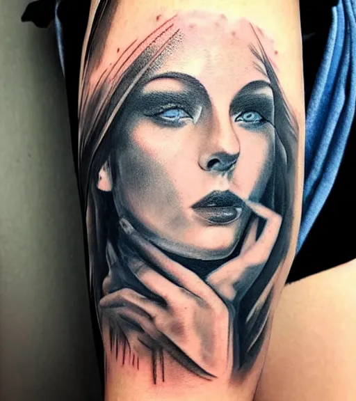 Image similar to tattoo design sketch of a beautiful blue - eyed woman face with a faded background of beautiful mountains and nature on her side, hyper - realistic, in the style of den yakovlev, amazing detail, black and white