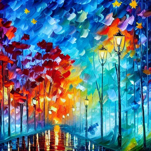 Image similar to beautiful leonid afremov painting of a celestial garden with flower bushes and towering columns and a colorful teal and cerulean nebula in the night sky. trending on artstation, 8k hq