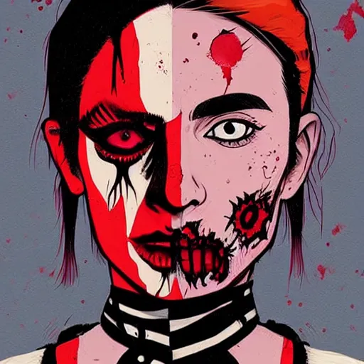 Image similar to Highly detailed portrait of a latino punk zombie young lady by Atey Ghailan, by Loish, by Bryan Lee O'Malley, by Cliff Chiang, inspired by iZombie, inspired by graphic novel cover art !!!red, brown, black and white color scheme ((dark blue moody background))