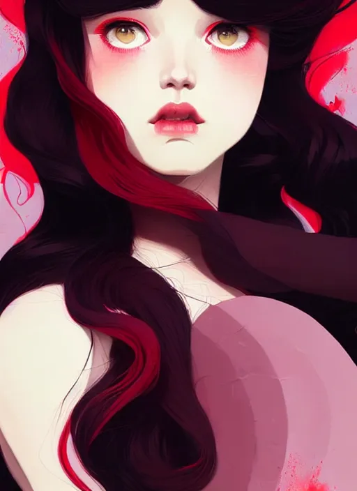 Image similar to highly detailed closeup portrait of beautiful, long black hair teen girl, wavy hair, red dress by atey ghailan, by greg rutkowski, by greg tocchini, by james gilleard, by joe fenton, by kaethe butcher, gradient pink, black and white color scheme, grunge aesthetic!!! ( ( graffiti tag wall background ) )