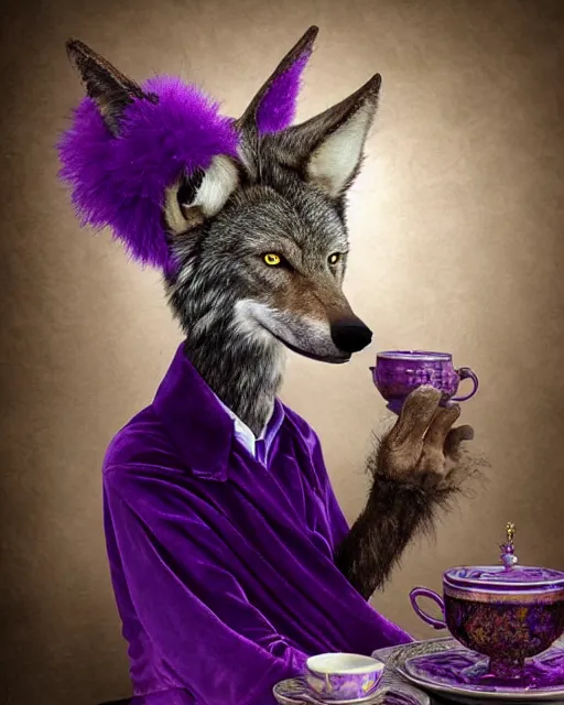 Prompt: Tall emaciated man wolf hybrid with long coyote like ears, wearing a purple velvet enjoying a cup of tea, British Tea Parties, highly realistic, Rick Baker style, photoreal, photograph in the style of Annie Leibovitz