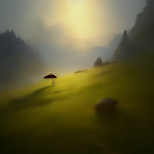 Image similar to summer meadow, hills, landscape, concept art, style of Greg Rutkowski