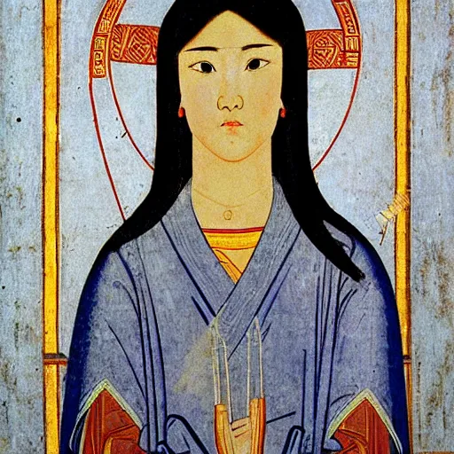 Image similar to portrait of asian looking girl in iconography style andrei rublev