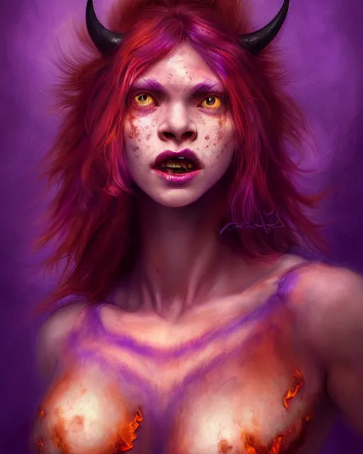 Prompt: cute female demon with purple skin wearing halter top, perfect face, fiery ginger hair, abs, cinematic, freckles, stunning, adorable, athletic, strong, agile, highly detailed, psychedelic, digital painting, artstation, smooth, hard focus, illustration, art by jessica rossier and and brian froud