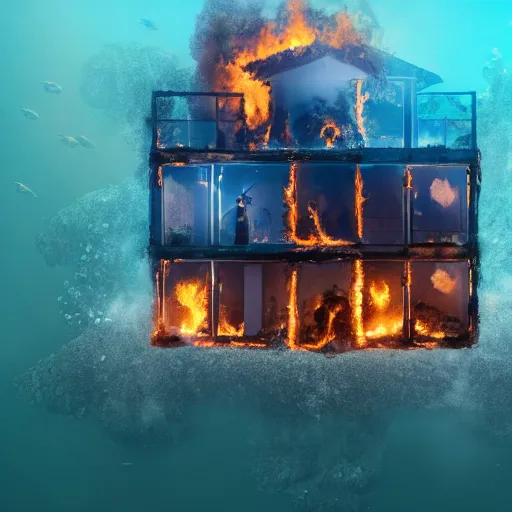 Image similar to a house burning underwater, with a humanois robot standing out to it, 8 k resolution, colorful, mariana trench