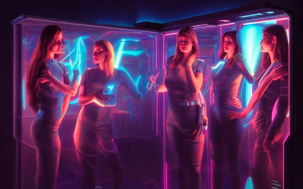 Image similar to Ladies in holograms of alien artifacts, electrical case display, total recall tech, , ultrarealistic, dramatic lighting, electrical details, high details, 4k, 8k, best, accurate, trending on artstation, artstation, photorealism, ultrarealistic, digital painting, style of Tristan Eaton Stanley Artgerm and Tom Bagshaw, Caravaggio,