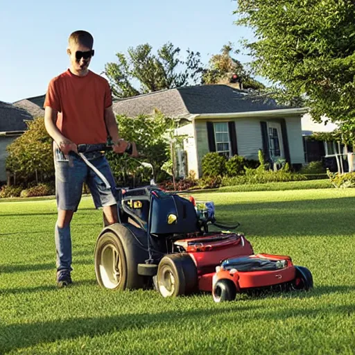 Prompt: Homelander from The Boys mowing his lawn, photo