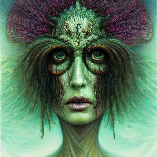 Image similar to cosmic horror eldritch lovecraftian close up portrait of eva green as the emerald queen of feathers by wayne barlowe, agostino arrivabene, denis forkas