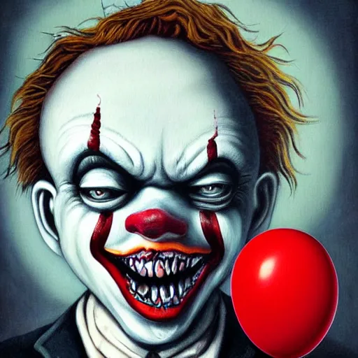 Image similar to grunge painting of donald trump with a wide smile and a red balloon by chris leib, loony toons style, pennywise style, corpse bride style, horror theme, detailed, elegant, intricate