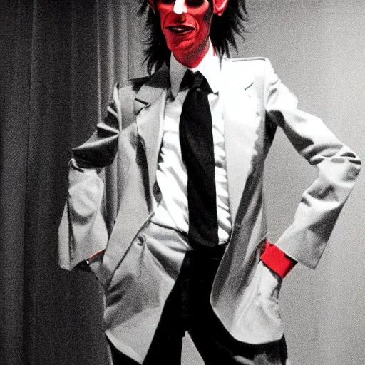 Prompt: A very red photgraphic portrait of the character, Desire, a tall, smiling androgyne with black hair and a grey pinstripe suit, studio lighting, medium shot, Life Magazine, 1978, Vertigo Comics, The Sandman written by Neil Gaiman, against a stormy sky