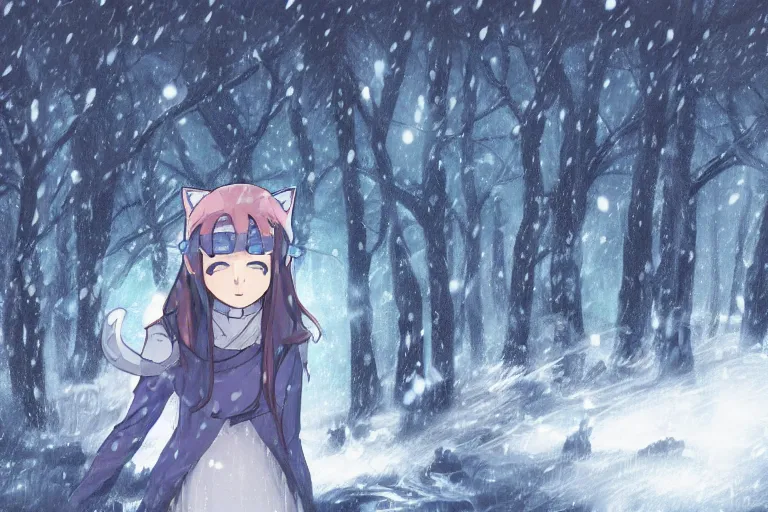 Image similar to female mage with cat ears in a snowy forest, detailed attractive face, fantasy art, anime style, by makoto shinkai, by studio ghibli, atmospheric, vector art, 4 k film still, close up portrait