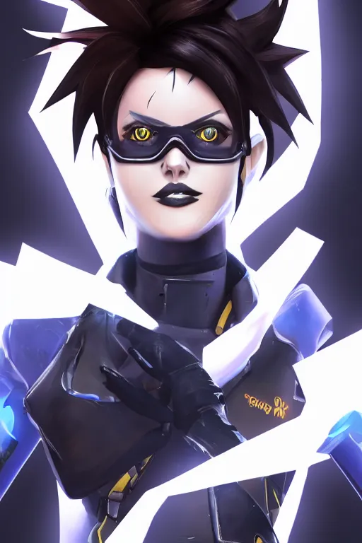 Image similar to digital drawing of tracer from overwatch in a goth style, wearing black lipstick and black eyeliner, 4 k, artstation, beautiful artwork, volumetric lighting, extremely detailed, focus on face, fog,