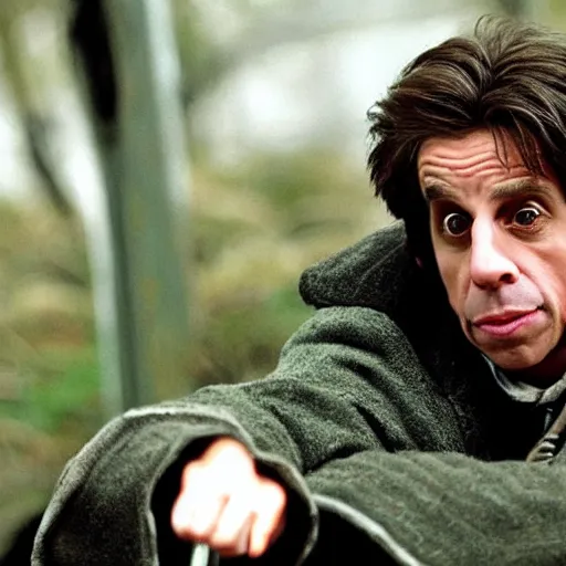 Prompt: Ben stiller as Harry Potter on running with hagrid