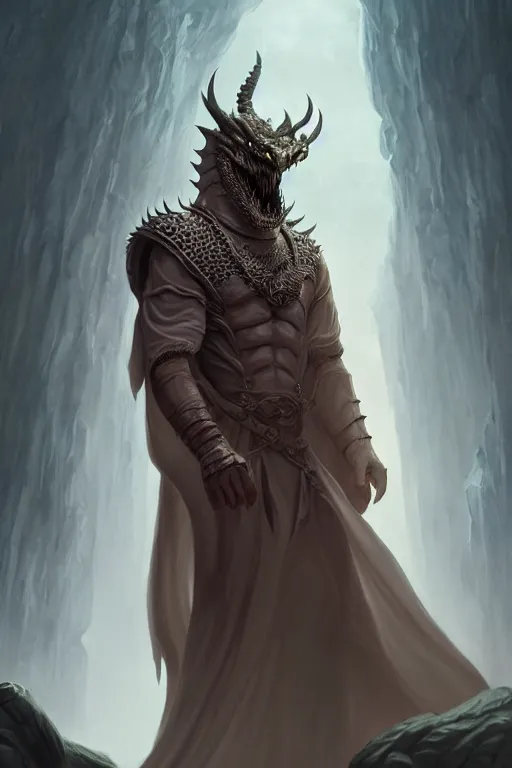 Image similar to human with dragon face, wearing simple robes, highly detailed, d & d, fantasy, highly detailed, digital painting, trending on artstation, concept art, sharp focus, illustration, global illumination, shaded, art by artgerm and greg rutkowski and fuji choko and viktoria gavrilenko and hoang lap