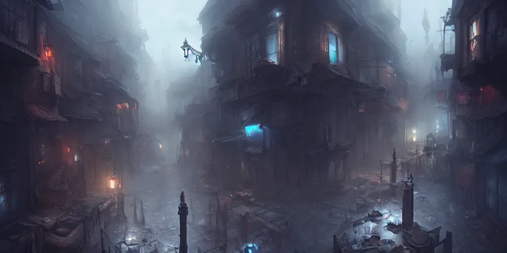 Prompt: dark town street by bastien lecouffe - deharme and charles bowater, greg rutkowski, adventure game, high angle, inspired by diablo concept art