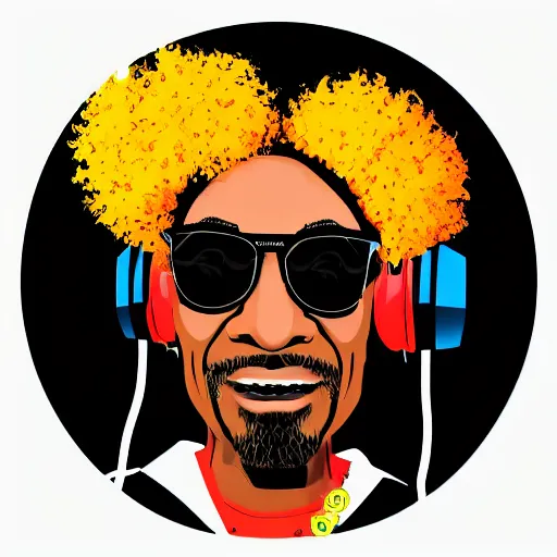 Image similar to svg sticker of a Dancing-Ben-Harper-Snoop-Spike-Lee-with-a-large-Afro-Puff, at a rave, spinning records, giant headphones rocking out, wearing headphones, huge speakers, dancing, rave, DJ, spinning records, digital art, amazing composition, rule-of-thirds, award-winning, trending on artstation, featured on deviantart