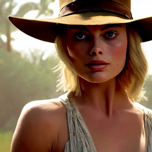 Image similar to Margot Robbie as Indiana Jones, cinematic, realistic, detailed, portrait