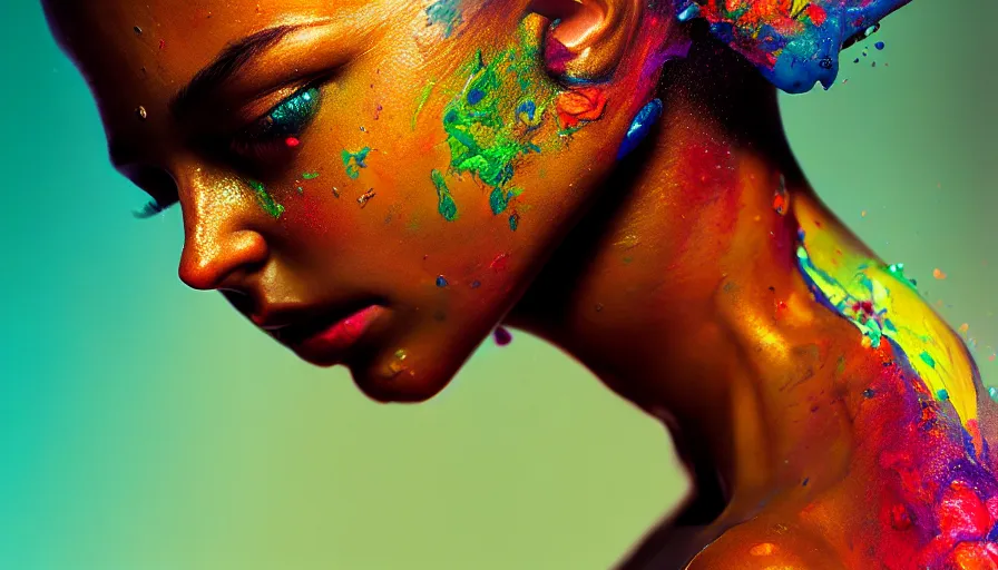 Image similar to very beautiful woman, face submerged in colorful oils, brown skin, realism, extreme detail, real life, key art, soft light, volumetric light, 3 - d shadows, photo by james jean and wlop, photoshoot